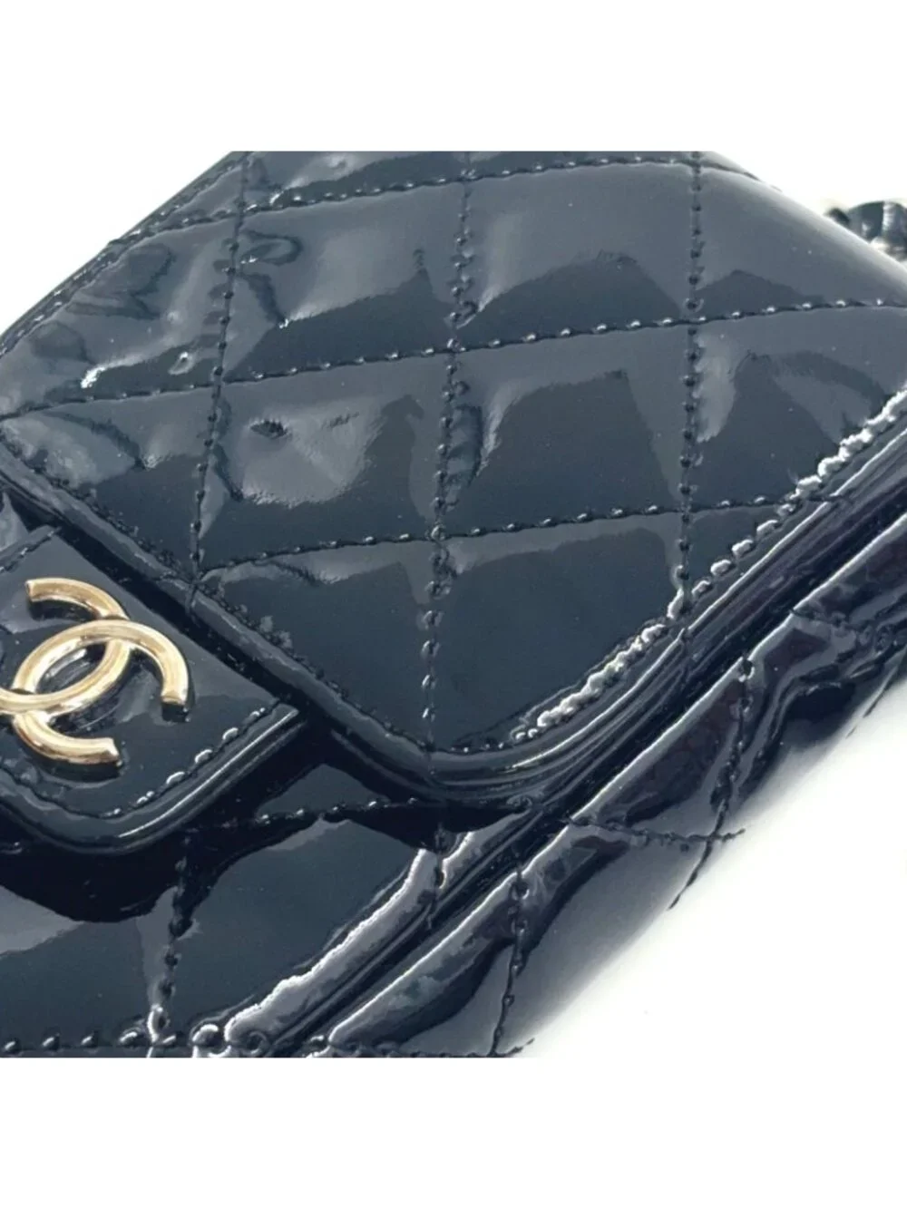 Chanel Quilted CC Logo Enamel Leather Black Pouch Silver